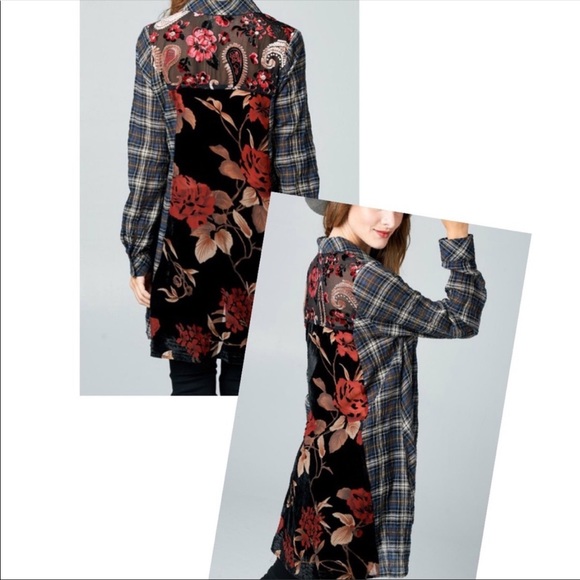ODDY Tops - Oddy long sleeve plaid tunic sheer floral and paisley velvet back size s EUC